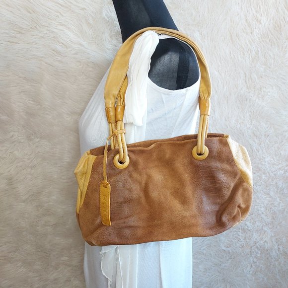 Vintage Sabrina Scala Mustard Yellow Suede Crocodile Pattern Leather Hobo Bag - Picture 1 of 13